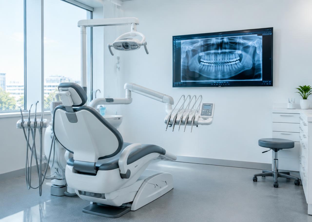 Modern dental operatory with digital chair and panoramic X-ray screen
