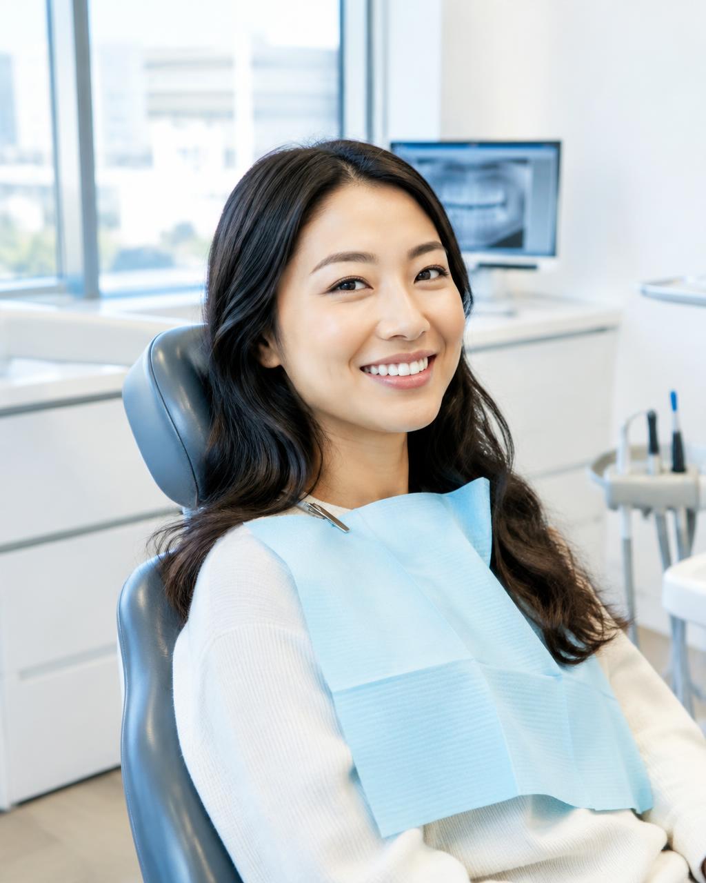 International patient smiling in a bright modern dental clinic